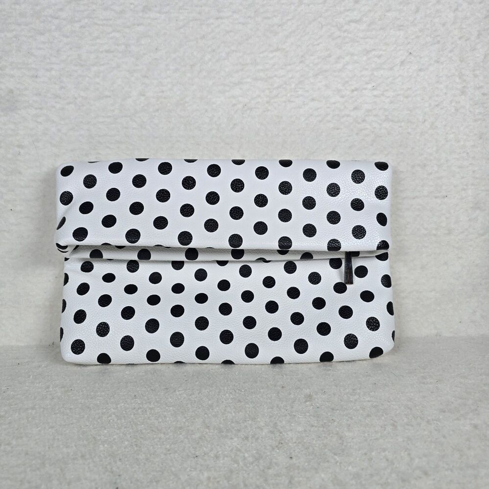 Versona Black and White Polka-dot Foldover Clutch With Metal Strap